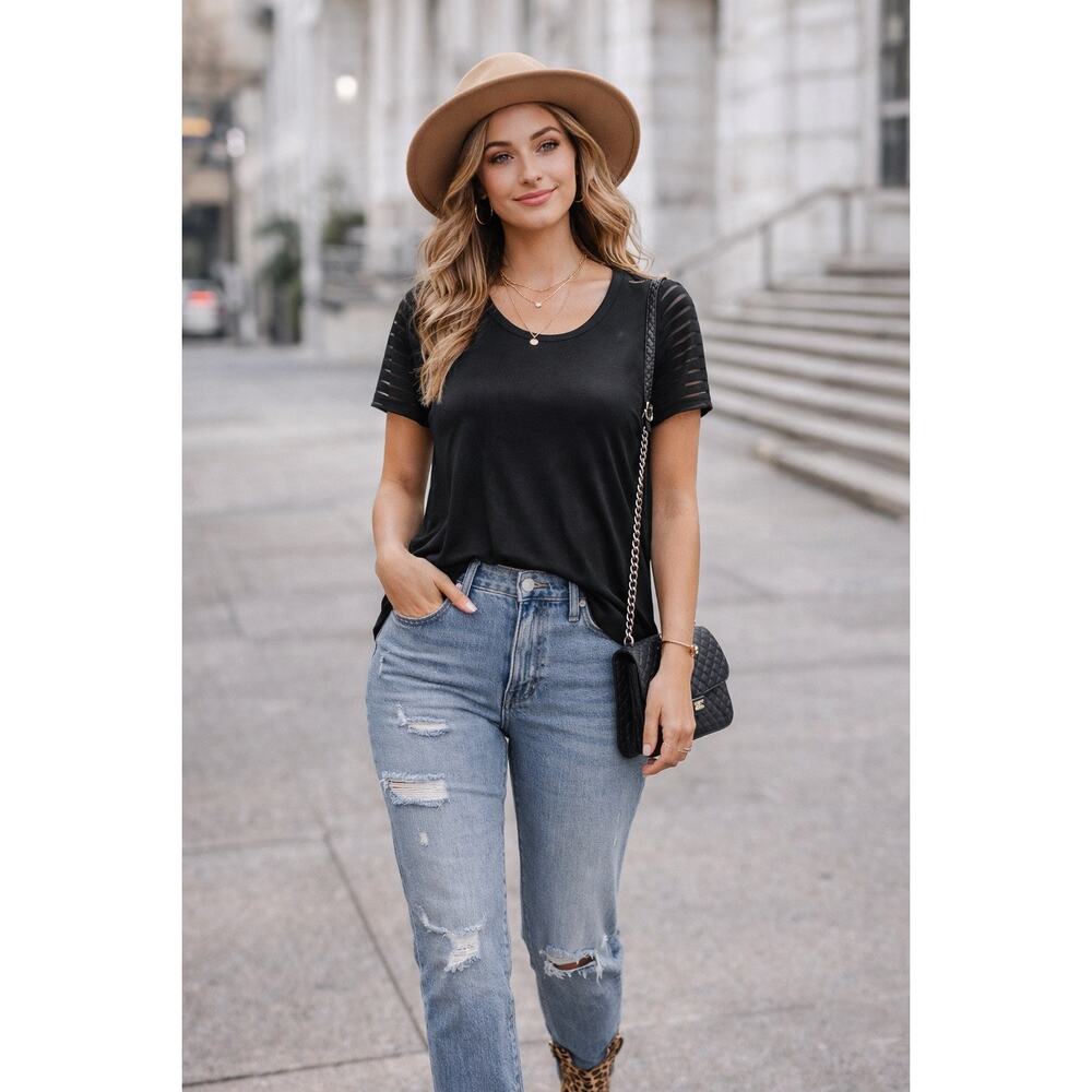Wishful Park Top Medium Black Sheer Stripe Sleeve Zip Back Officecore Minimalist